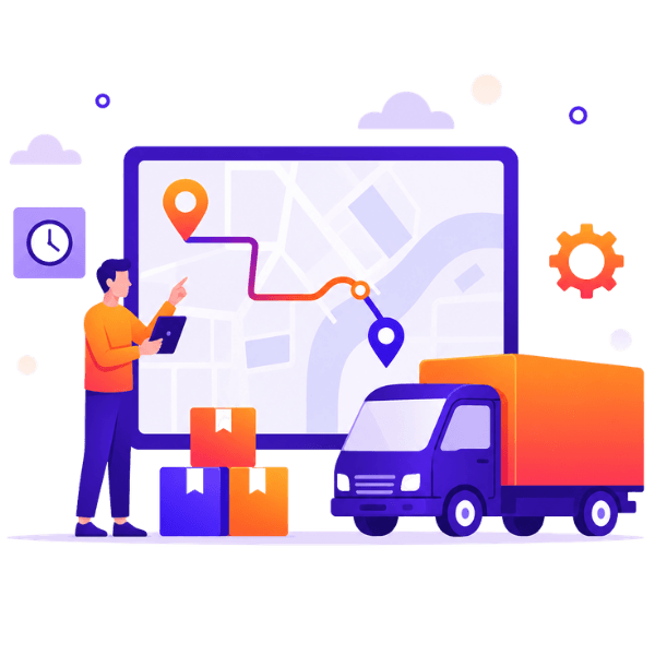 Fleet operations software illustration showing route tracking map, delivery truck, and parcel logistics