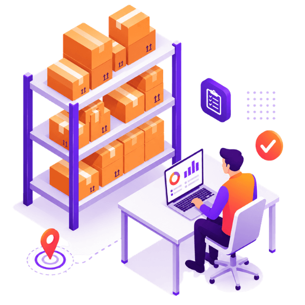 Inventory Management System illustration showing warehouse stock tracking, inventory monitoring, product storage, and logistics management.