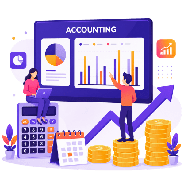 Transport accounting software dashboard with financial charts, calculator, and growth graphics