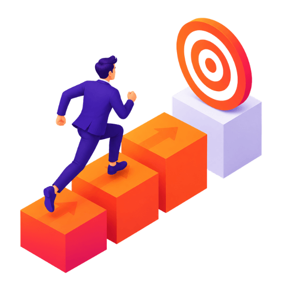 Businessman running up career growth blocks toward a target goal for job success