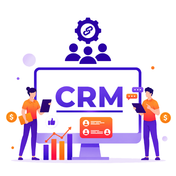 CRM software dashboard illustration for Indian businesses showing customer management tools and team collaboration