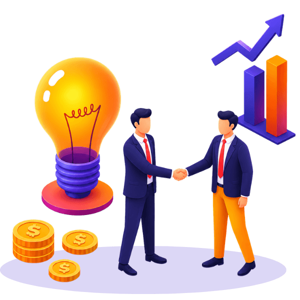 Transport Software Company illustration showing business partnership, technology solutions, investment, and growth.