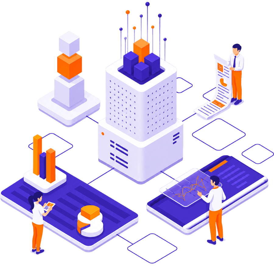 Transportation Management Software illustration showing data analytics, workflow management, reporting, and transportation operations.